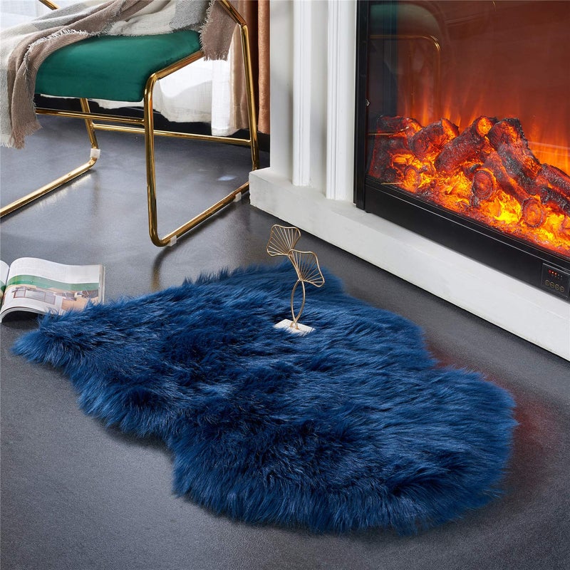 Easy Joy EasyJoy Ultra Soft Fluffy Shaggy Area Rug Faux Fur Rug Chair Cover Seat Pad Fuzzy Area Rug for Bedroom Floor Sofa Living Room (2 x 3 ft Sheepskin, Dark Blue) - Image 1